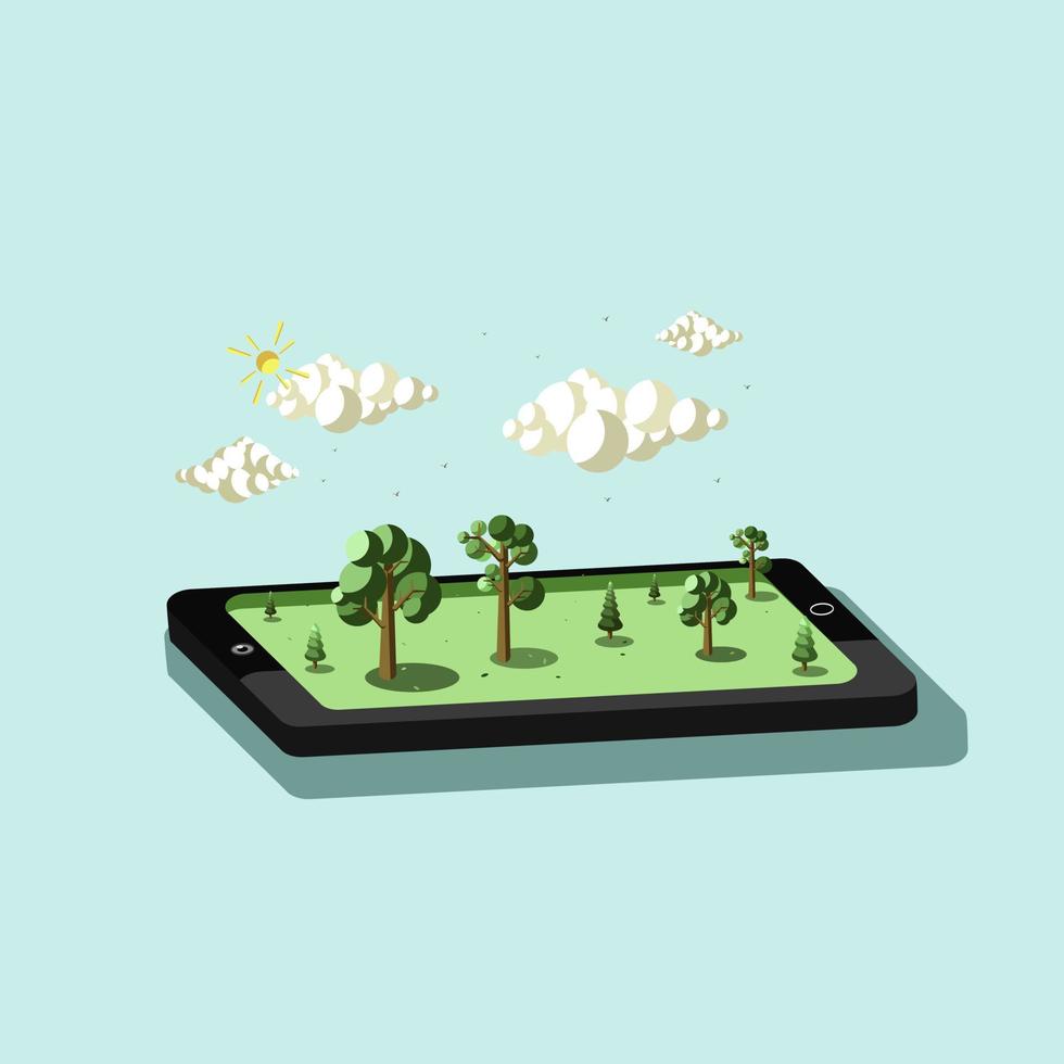 Ilustración 3d de teléfono celular y hermoso paisaje natural. vector