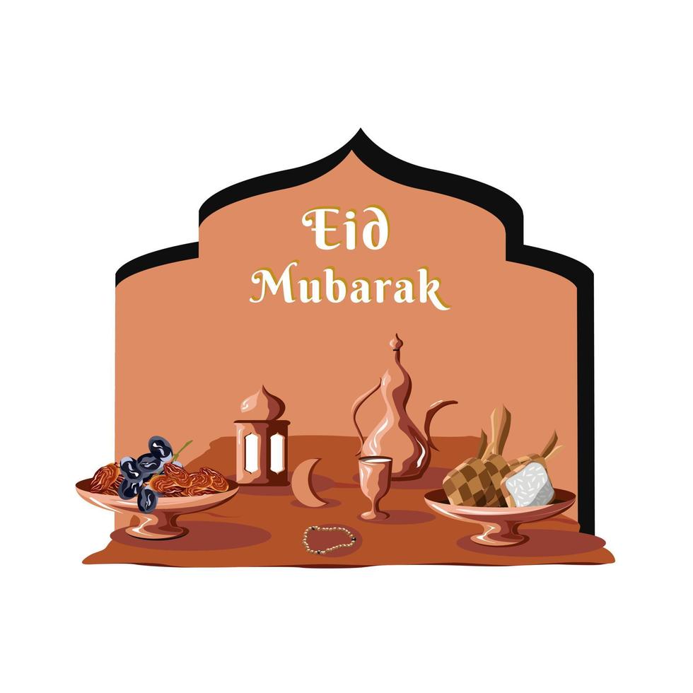 Eid Mubarak vector, illustration, and food with Islamic lights for advertising media and design projects vector