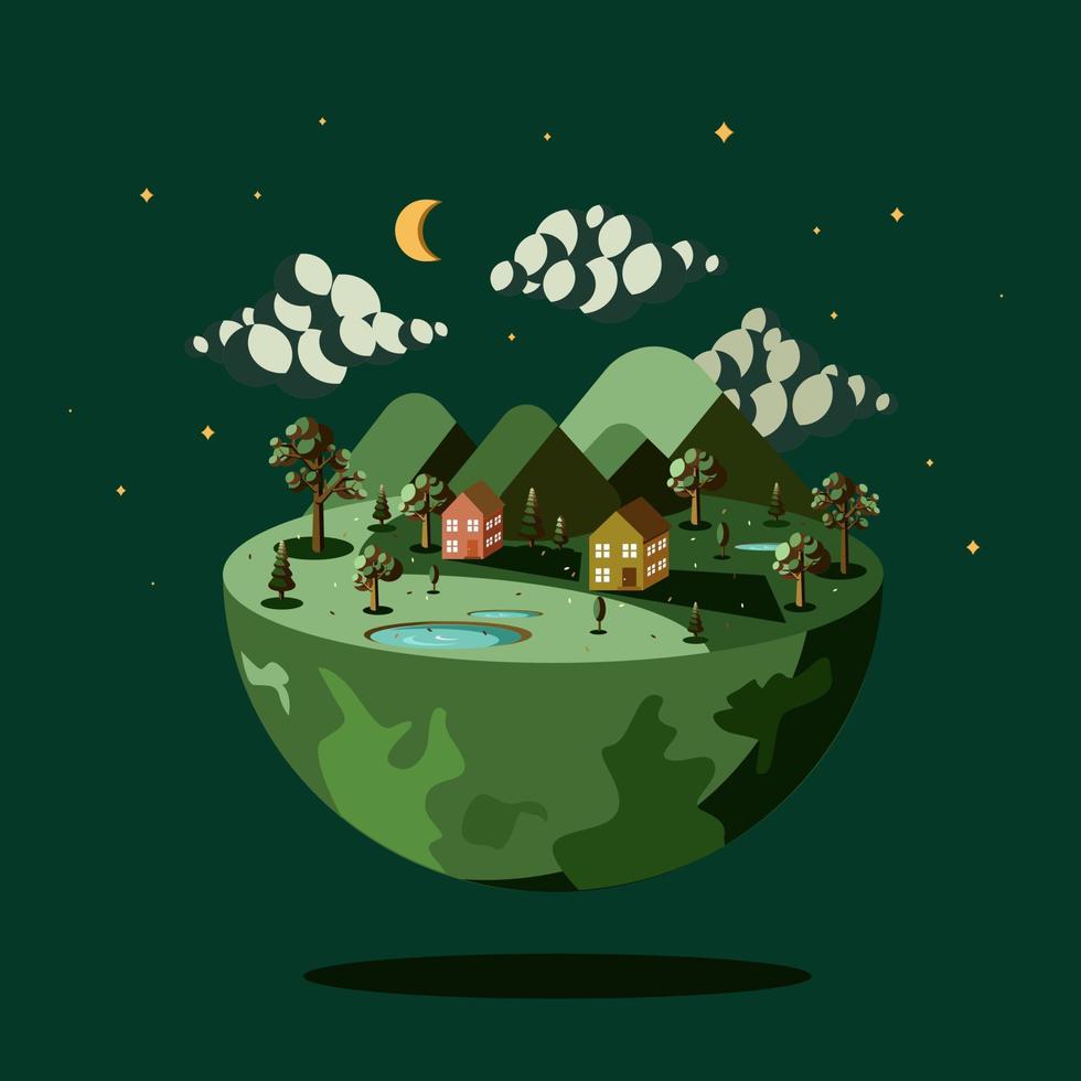 Beautiful green earth, vector natural night view