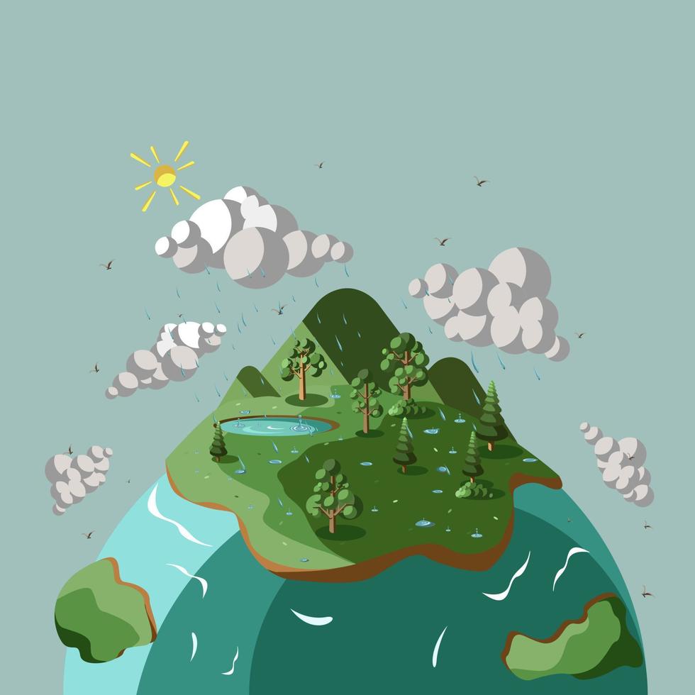 The beautiful green earth, earth illustration with rainy land and sea landscape vector