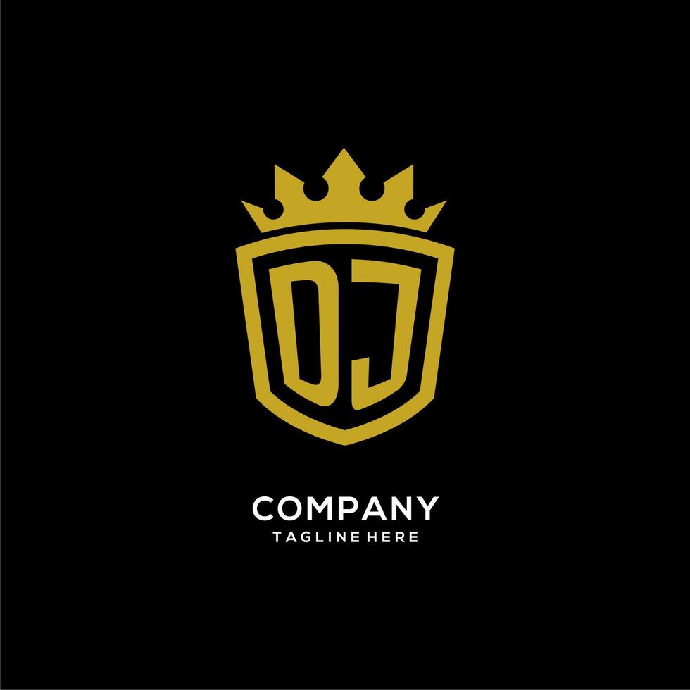 logotipo inicial de dj escudo estilo corona, diseño de logotipo de monograma elegante de lujo vector