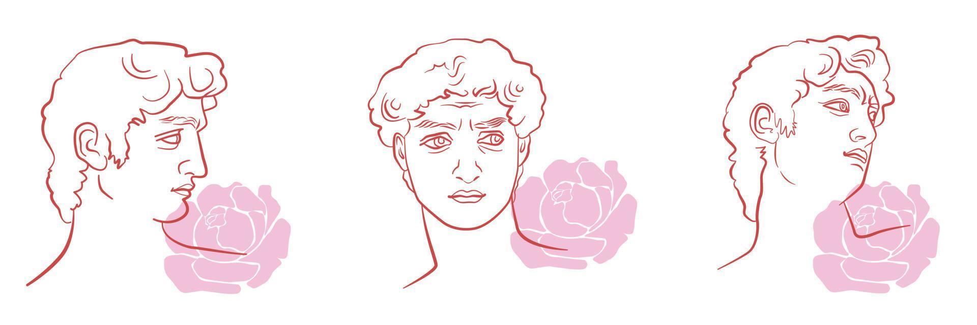 David head in different positions with abstract peony flowers. Famous sculpture sketches in trendy, aesthetic line art. A concept of positive masculinity. vector