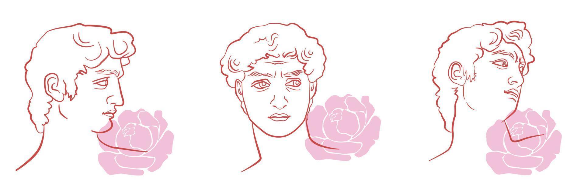 cabeza de david en diferentes posiciones con flores de peonía abstractas. bocetos de esculturas famosas en líneas de arte estéticas y de moda. un concepto de masculinidad positiva. vector