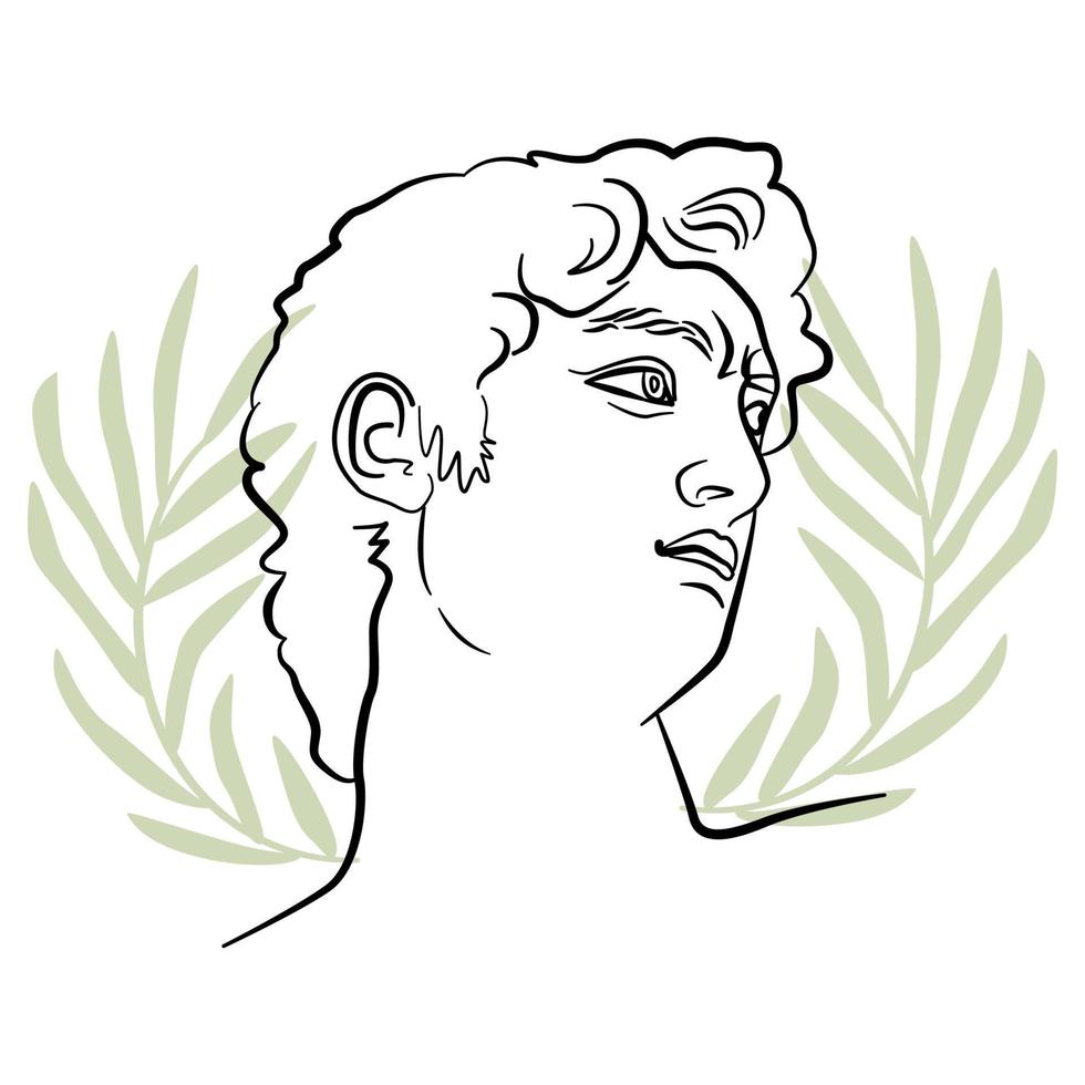 Michelangelo David head in trendy line art style. A vector portrait of man with abstract olive branches. Poster or postcard decorative element.