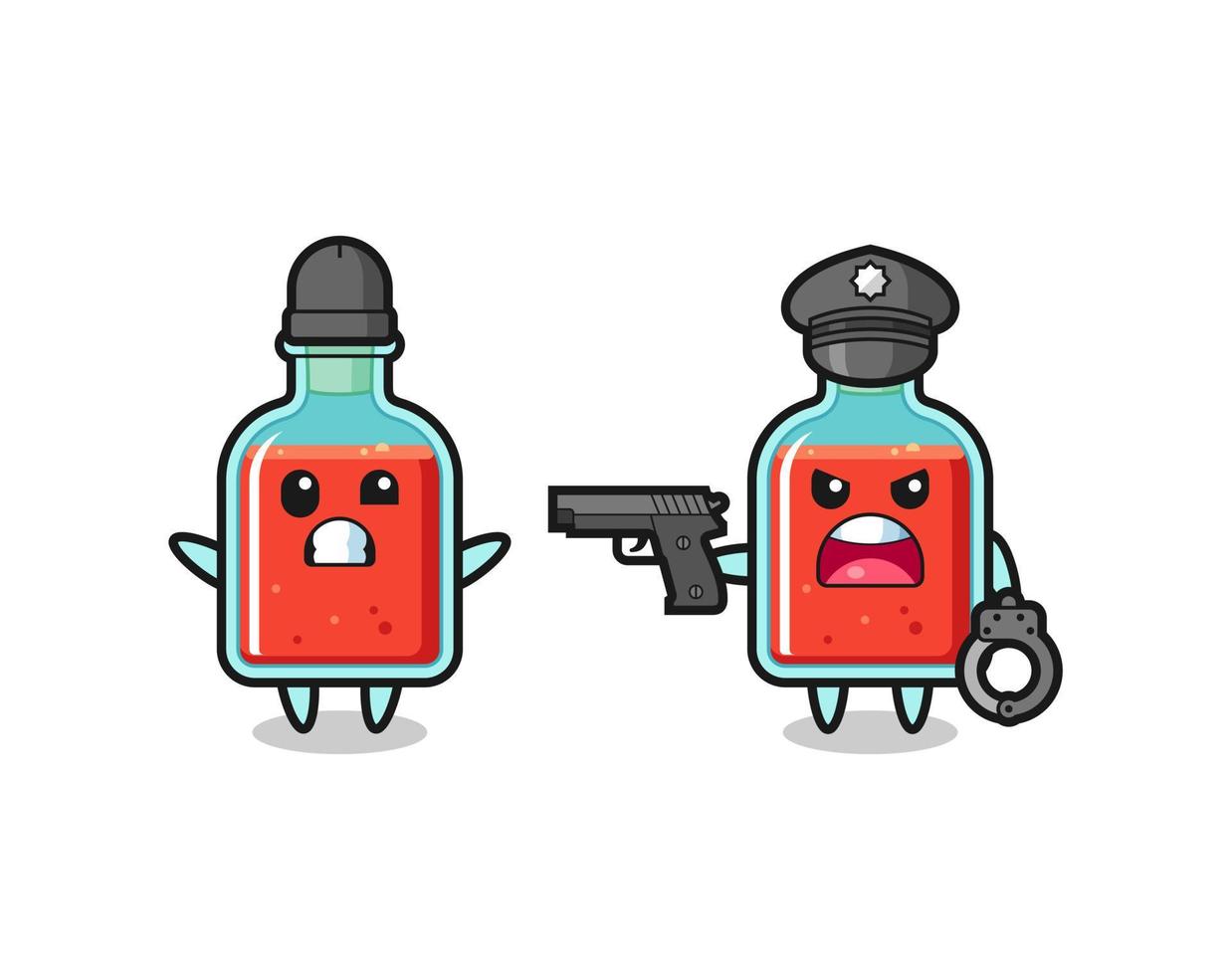 illustration of square poison bottle robber with hands up pose caught by police vector