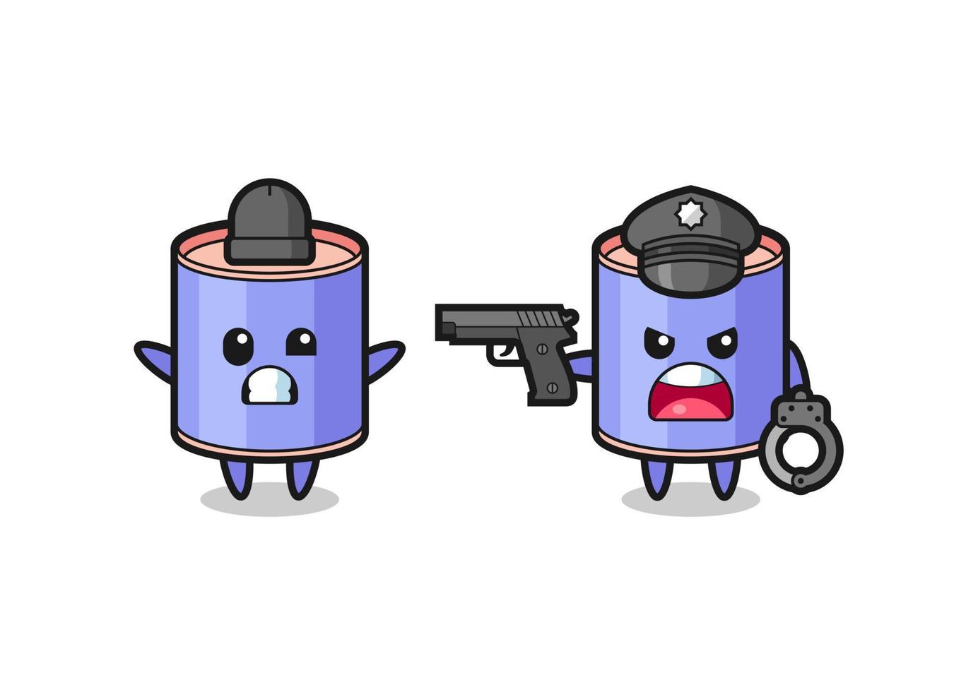 illustration of cylinder piggy bank robber with hands up pose caught by police vector