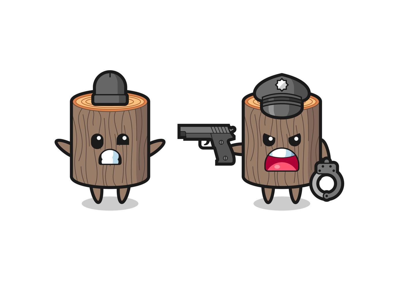 illustration of tree stump robber with hands up pose caught by police vector