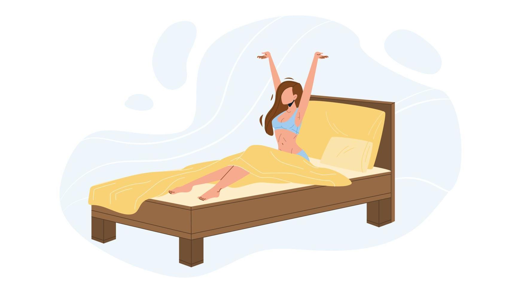 Woman Awake Morning In Comfortable Bed Vector