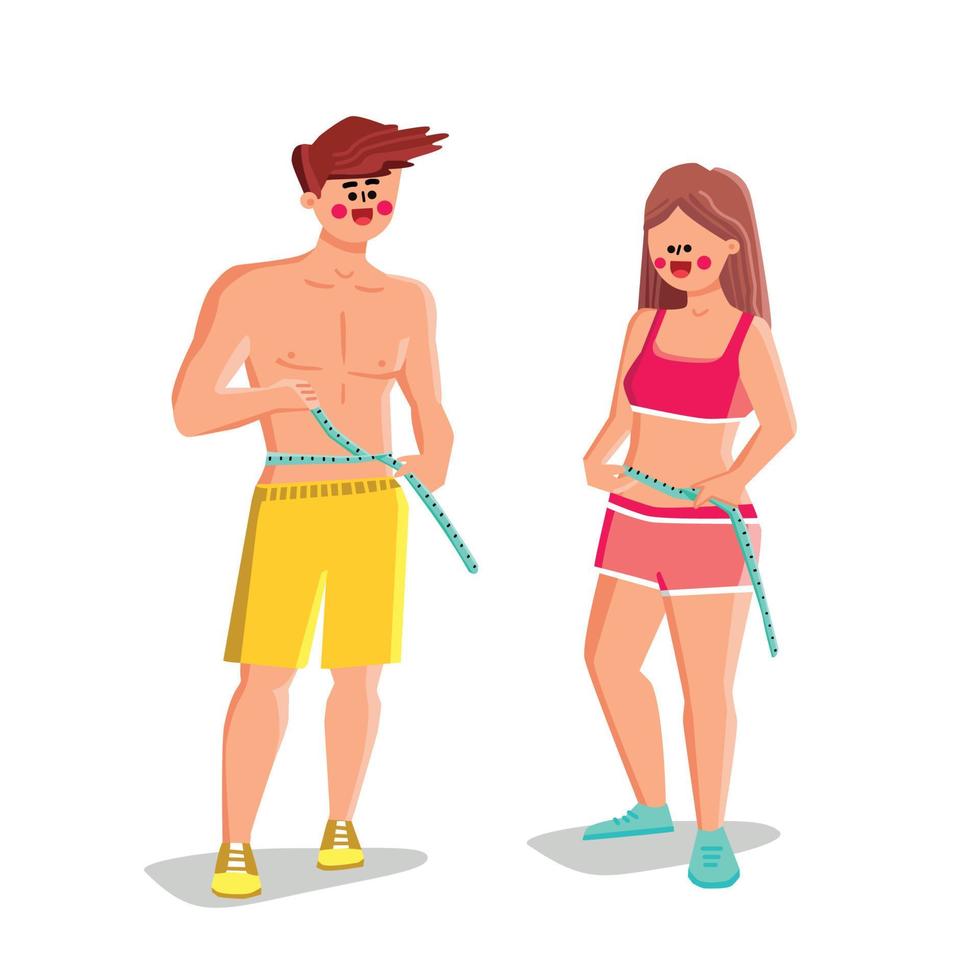 Slim People Couple Measuring Waistline Vector