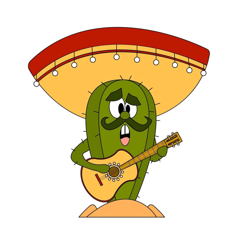 Mexican cactus in sombrero and with a guitar. Mexico independence day. Cover, poster, postcard, invitation design with traditional elements. vector