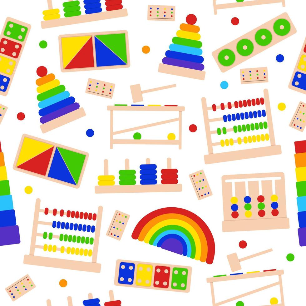 Seamless pattern with bright children's toys for Montessori games for early childhood development. vector