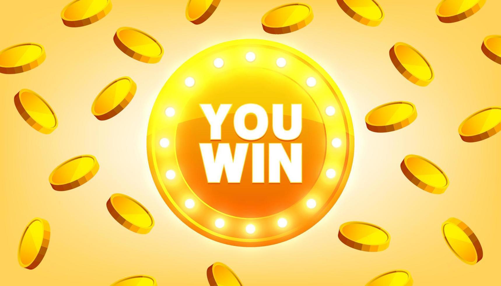 You win shining retro banner with flying coins. Game design banner template. Casino Space. vector