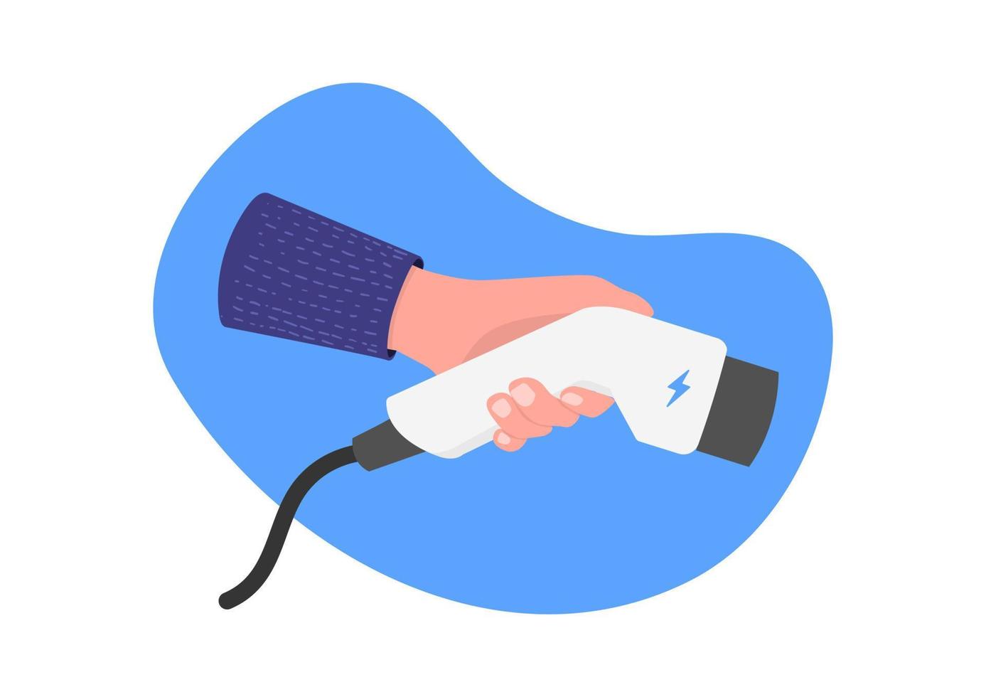 Hand hold electro plug connector on blue background. EV charging plug in hand. Electric car concept. vector