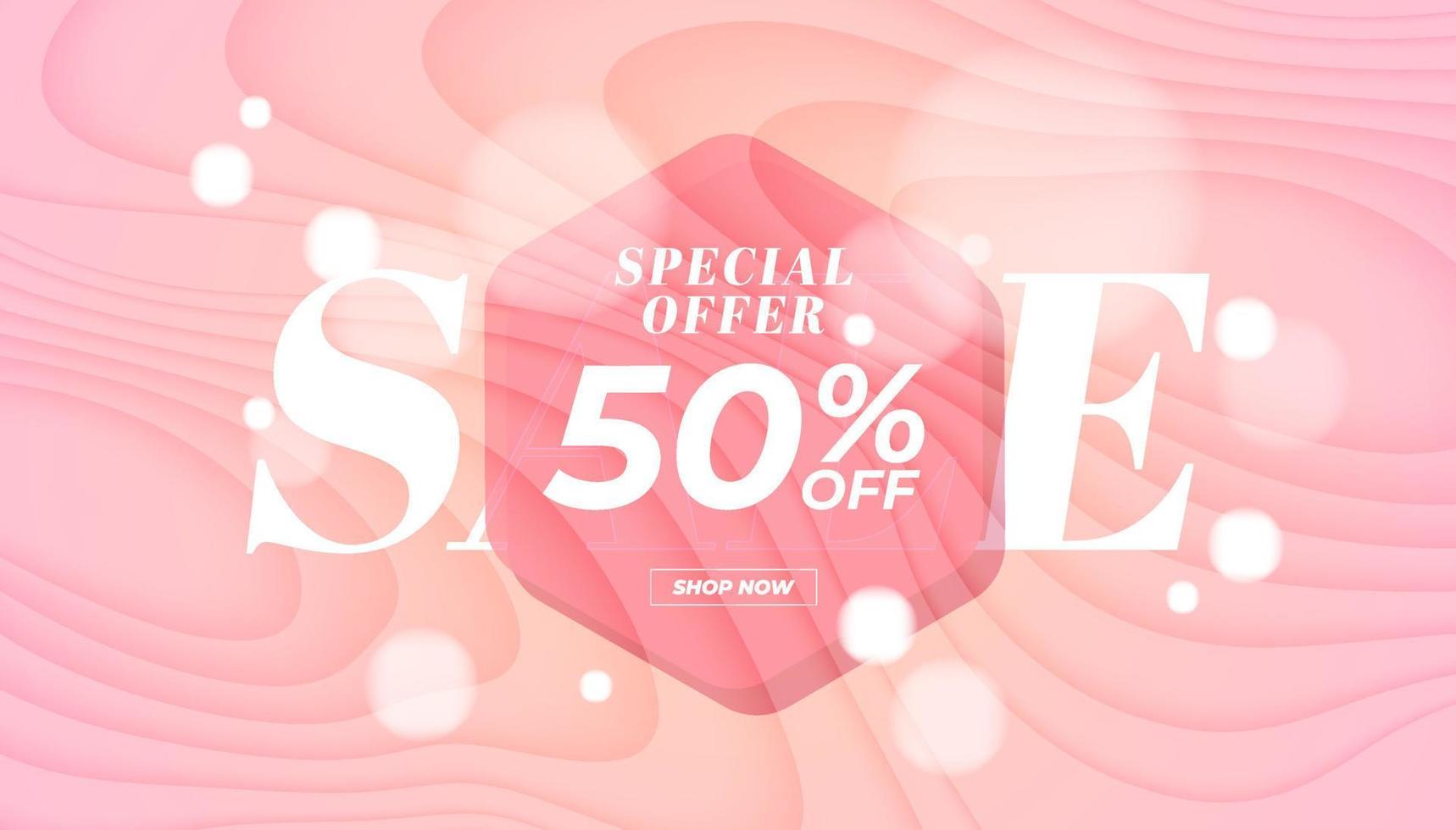 oferta especial de venta 50 por ciento de descuento en banner. oferta especial de fondo rosa y plantilla de promoción. vector