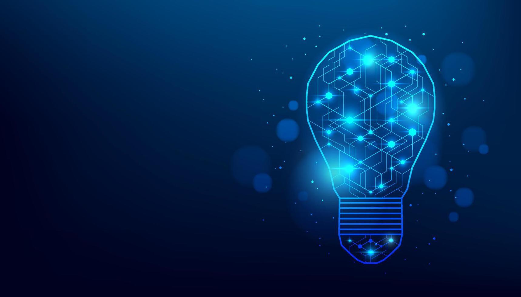 Blue glowing light bulb of an artificial intelligence with line dots on dark blue color background. Digital technology creative ideas concept. vector