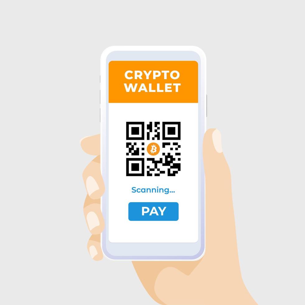 Digital Cryptocurrency wallet on mobile phone screen. QR code payment. vector