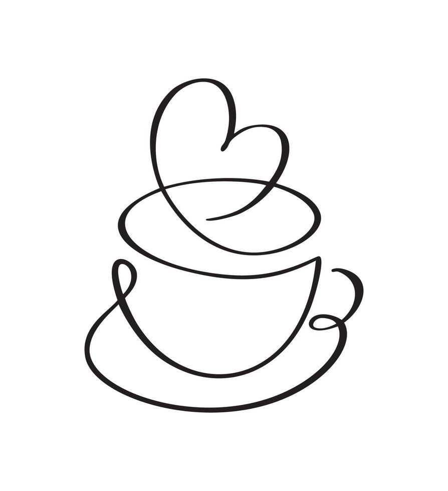 Vector calligraphy love coffee or tea cup on saucer heart. Black and white calligraphic illustration. hand drawn design for logo, icon cafe, menu, textile material