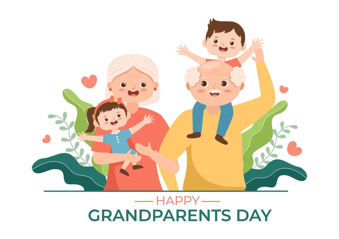 Happy Grandparents Day Cute Cartoon Illustration with Grandchild, Older Couple, Flower Decoration, Grandpa and Grandma in Flat Style for Poster or Greeting Card vector