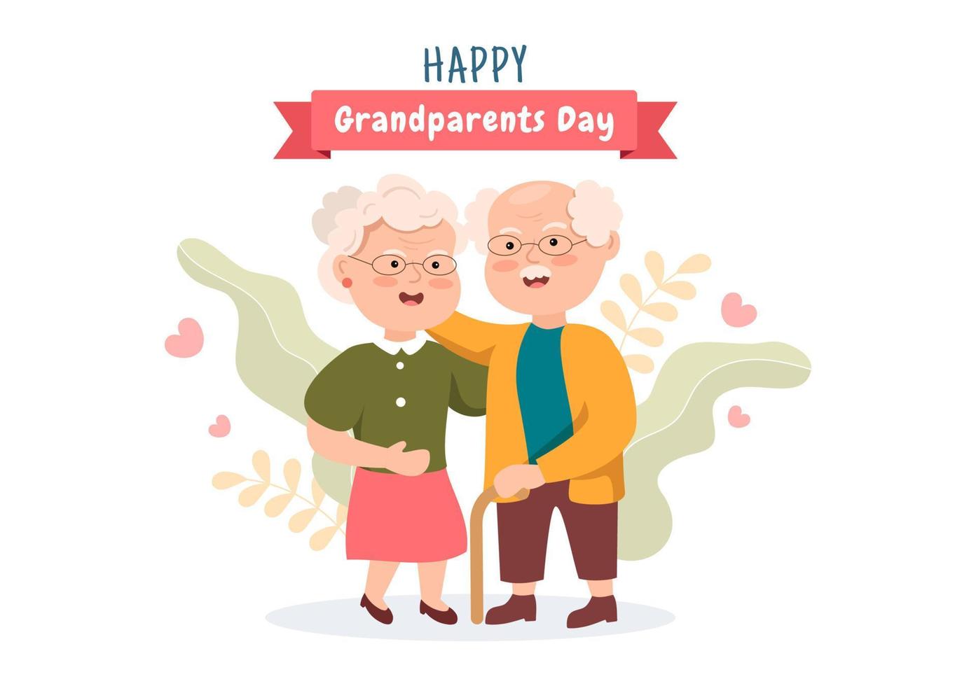 feliz día de los abuelos linda ilustración de dibujos animados con pareja mayor, decoración de flores, abuelo y abuela en estilo plano para afiche o tarjeta de felicitación vector