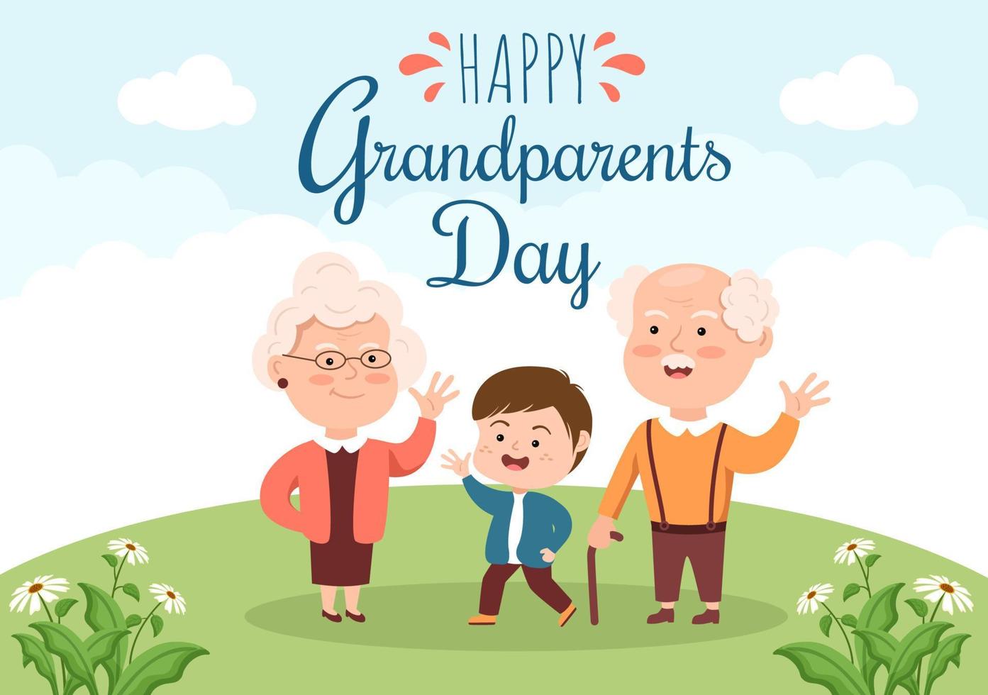 Happy Grandparents Day Cute Cartoon Illustration with Grandchild, Older Couple, Flower Decoration, Grandpa and Grandma in Flat Style for Poster or Greeting Card vector