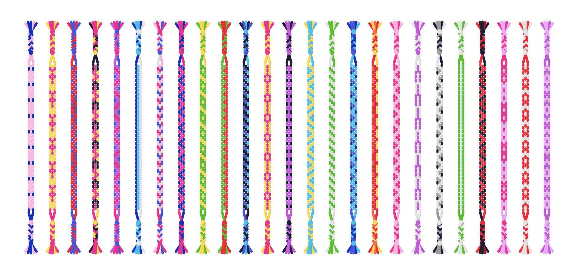 Multicolored handmade friendship bracelets set of threads or beads. Macrame normal pattern tutorial. vector