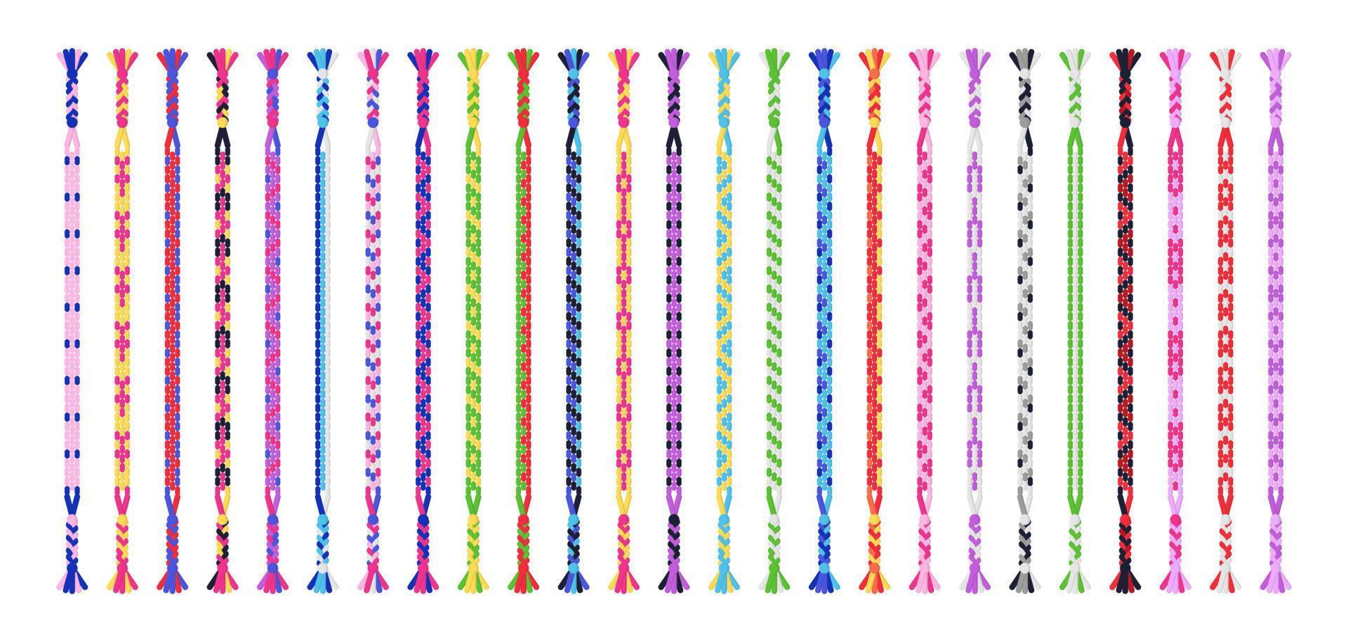 Multicolored handmade friendship bracelets set of threads or beads. Macrame normal pattern tutorial. vector