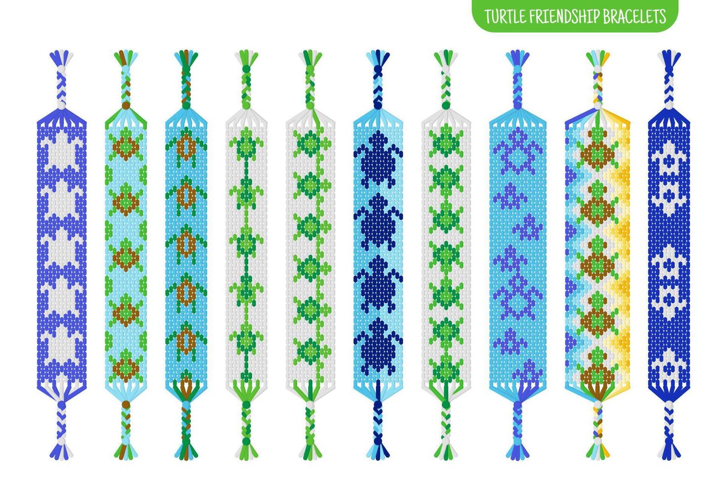 Green turtle handmade friendship bracelets set of threads or beads. Macrame normal pattern tutorial. vector