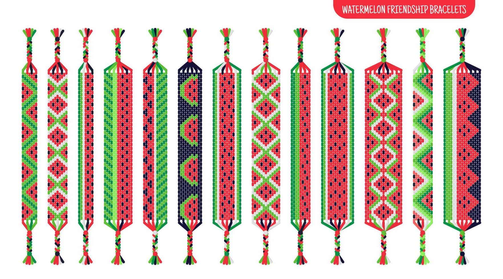 Summer watermelon handmade friendship bracelets set of threads or beads. Macrame normal pattern tutorial. vector