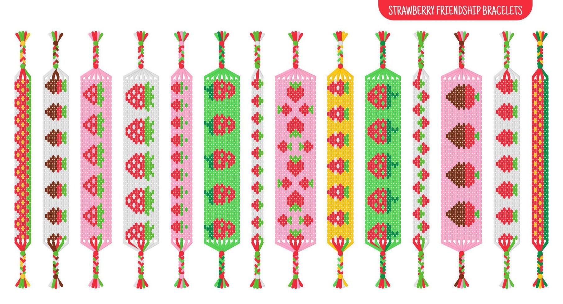 Red strawberry or raspberry handmade friendship bracelets set of threads or beads. Macrame normal pattern tutorial. vector