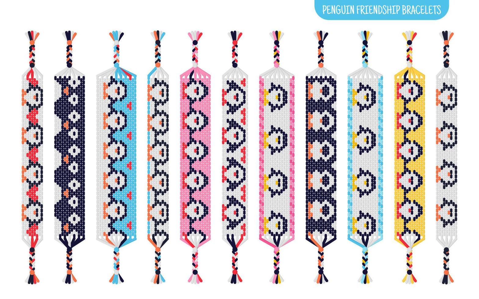 Juego de pulseras de amistad hechas a mano de pingüinos de hilos o cuentas. Tutorial de patrón normal de macramé. vector