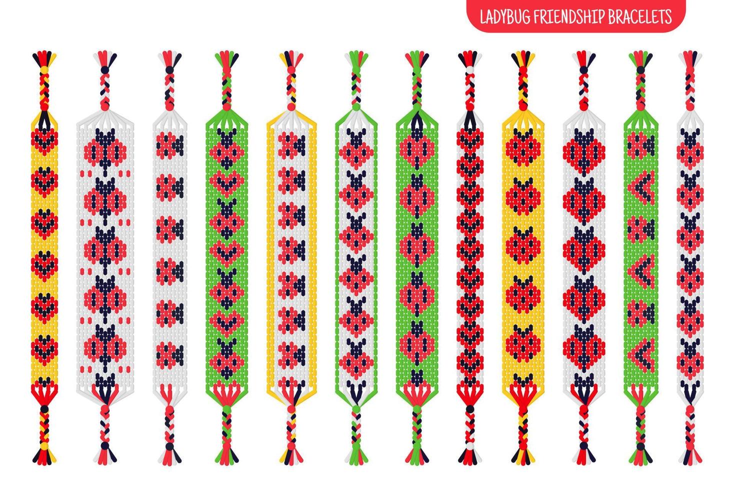 Red ladybug handmade friendship bracelets set of threads or beads. Macrame normal pattern tutorial. vector