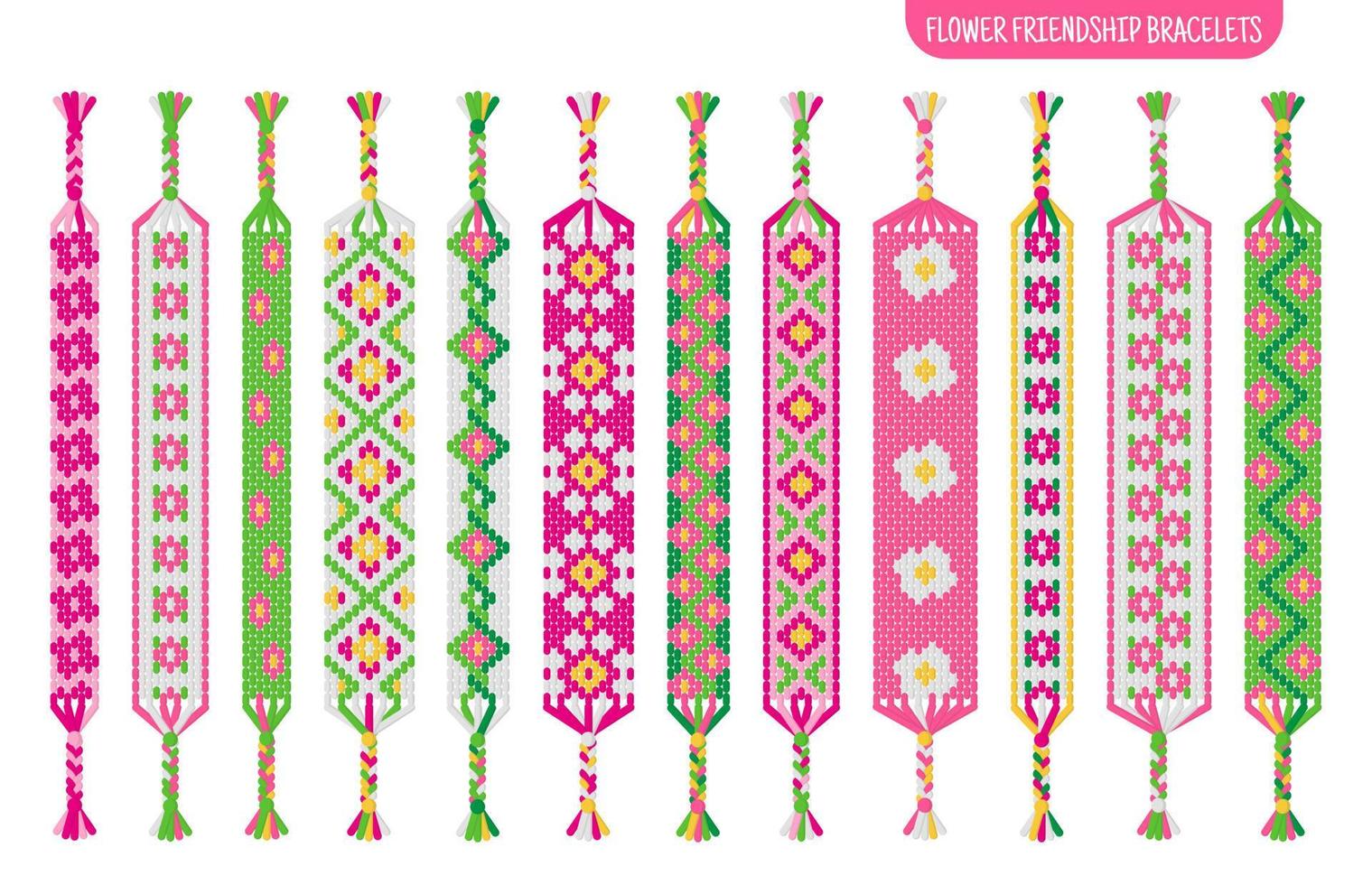 Juego de pulseras de la amistad hechas a mano con flores rosas de hilos o cuentas. Tutorial de patrón normal de macramé. vector