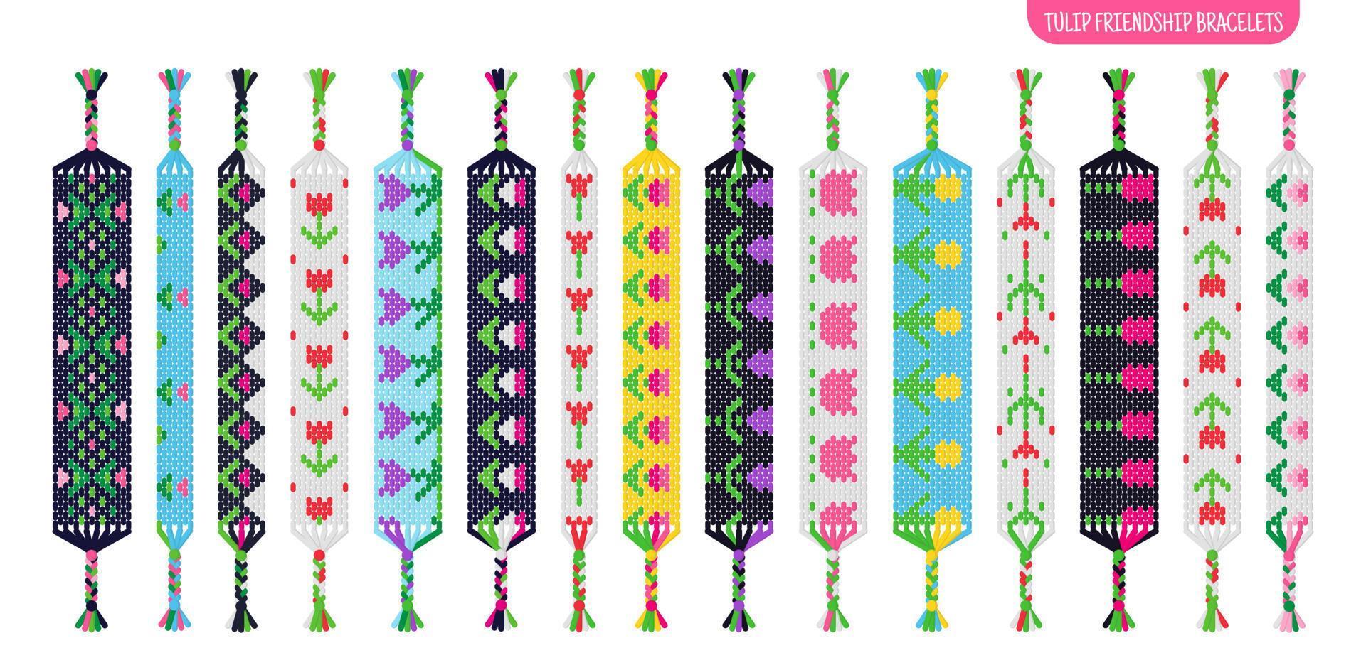 Pink tulip flower handmade friendship bracelets set of threads or beads. Macrame normal pattern tutorial. vector