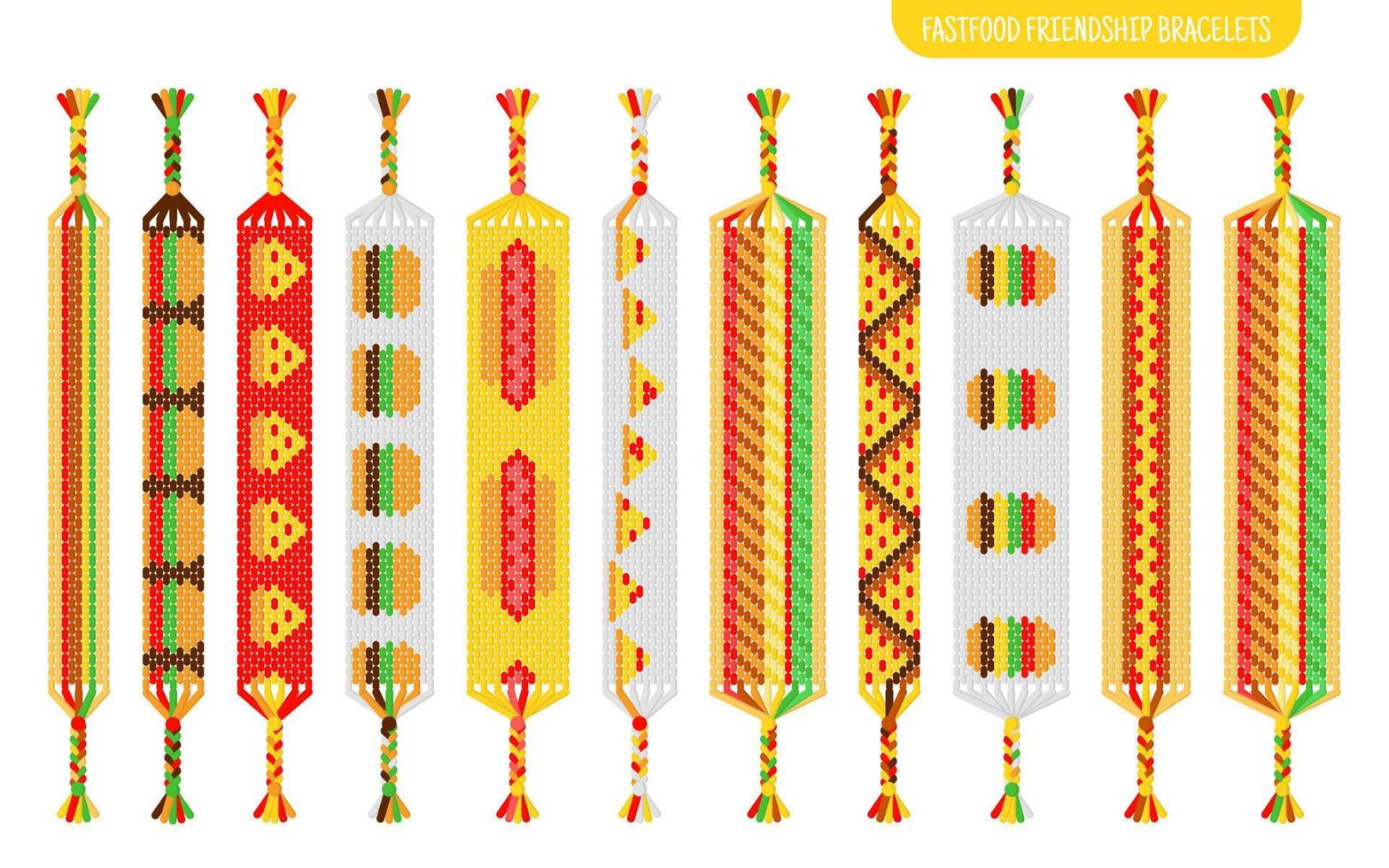 Juego de pulseras de amistad hechas a mano de comida rápida de hilos o cuentas. Tutorial de patrón normal de macramé. vector