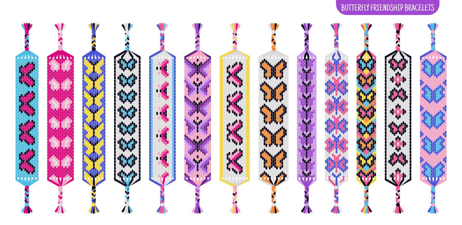 Colorful butterfly handmade friendship bracelets set of threads or beads. Macrame normal pattern tutorial. vector