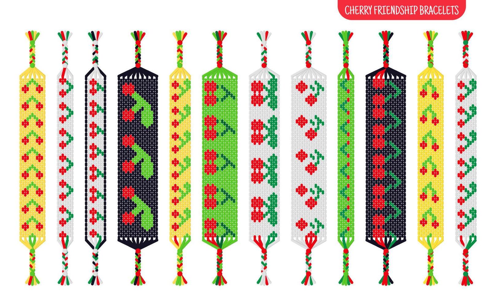 Red cherry handmade friendship bracelets set of threads or beads. Macrame normal pattern tutorial. vector