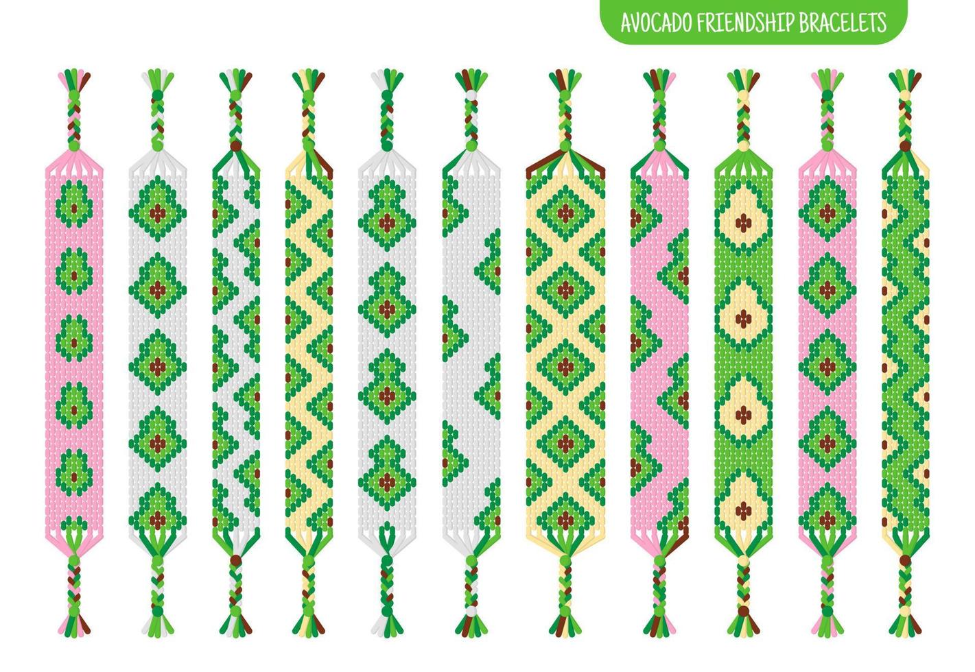 Juego de pulseras de amistad hechas a mano con aguacate verde de hilos o cuentas. Tutorial de patrón normal de macramé. vector