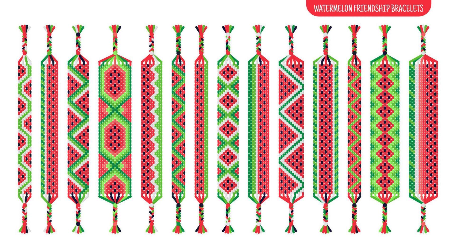 Red watermelon handmade friendship bracelets set of threads or beads. Macrame normal pattern tutorial. vector