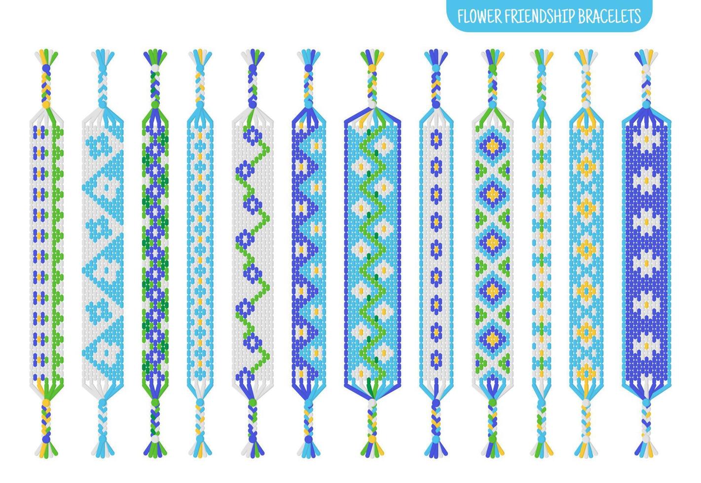 juego de pulseras de la amistad hechas a mano con flores azules de hilos o cuentas. Tutorial de patrón normal de macramé. vector