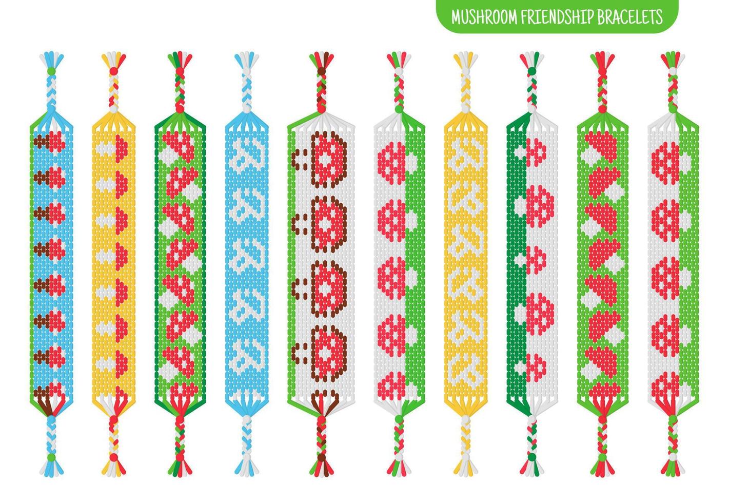 Red mushroom handmade friendship bracelets set of threads or beads. Macrame normal pattern tutorial. vector