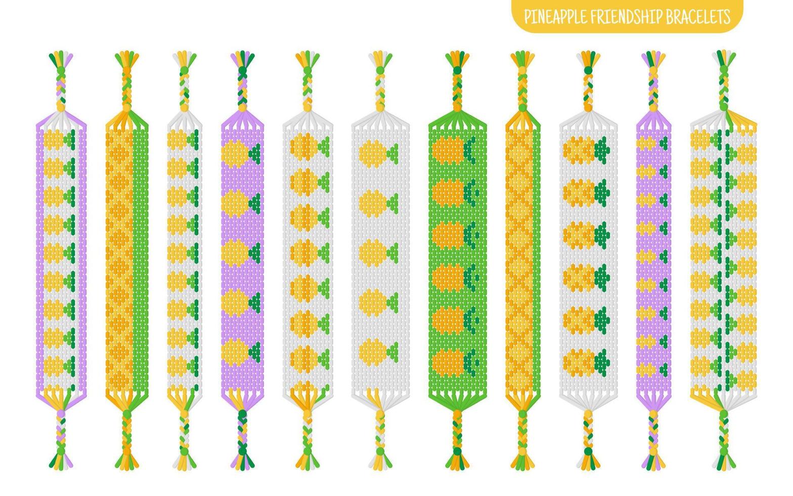 Juego de pulseras de amistad hechas a mano con piña amarilla de hilos o cuentas. Tutorial de patrón normal de macramé. vector