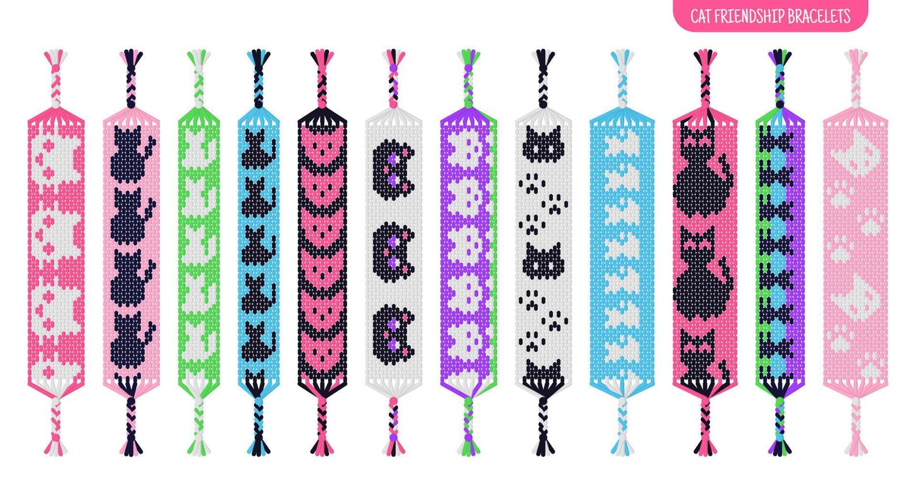 Cat handmade friendship bracelets set of threads or beads. Macrame normal pattern tutorial. vector