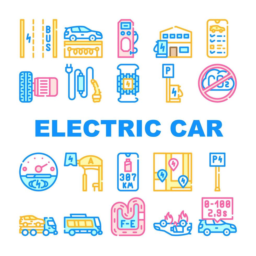 Electric Car Vehicle Collection Icons Set Vector