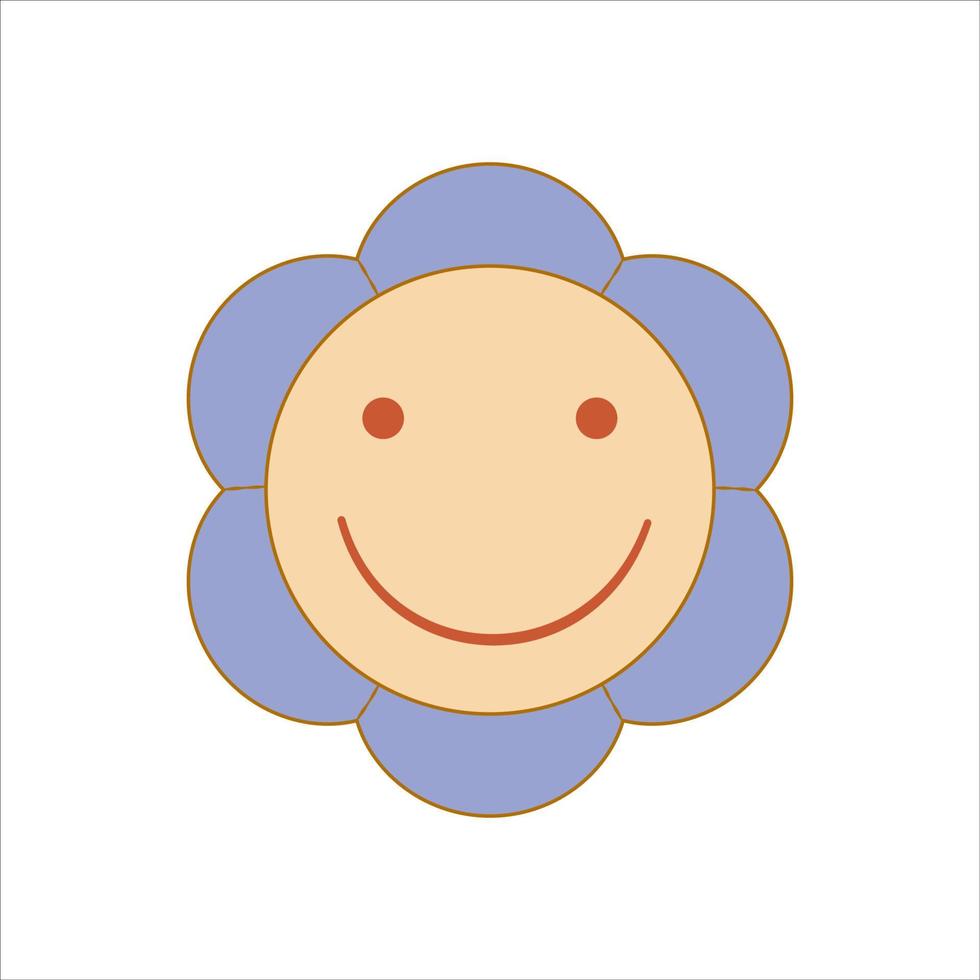 Boho groovy flower smile isolated on white background. Retro flower for pastel hippie design. Vector illustration