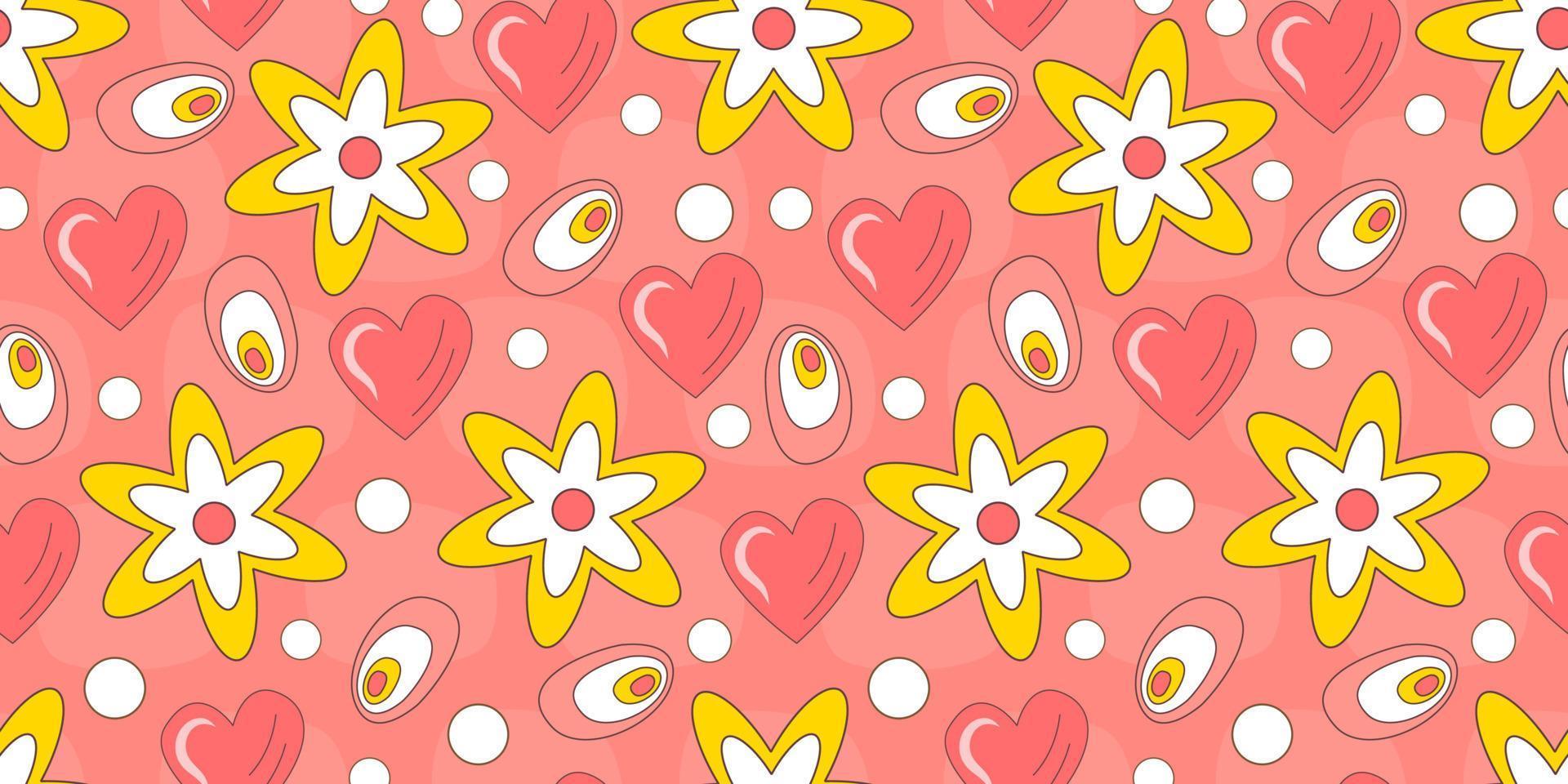 Seamless pattern with retro flowers 70. Psychedelic groovy geometric pattern with flowers. Daisy and heart hippie background. Flat vector illustration. Psychedelic wallpaper
