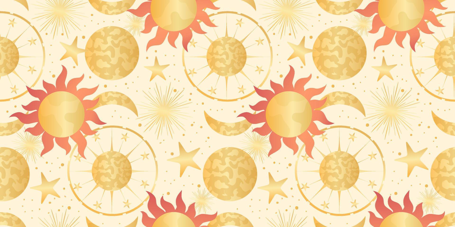 Star celestial seamless pattern with sun and planet. Magical astrology in vintage boho style. Golden sun with rays and moon. Vector illustration