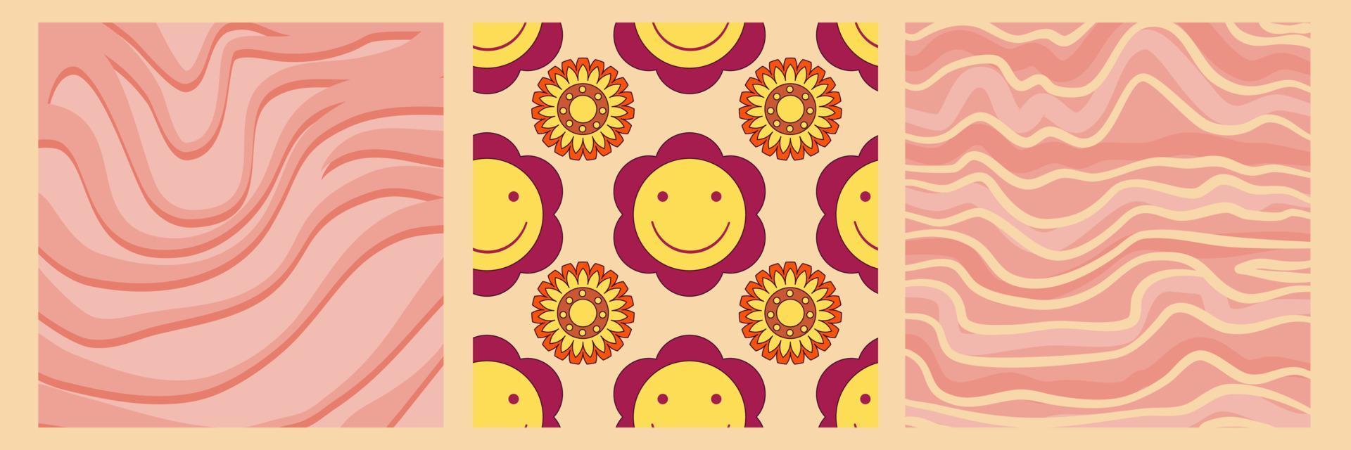 Groovy y2k retro pattern with flower and swirl 70s background. Daisy flower design. Abstract trendy colorful print. Vector illustration graphic. Vintage print. Psychedelic wallpaper