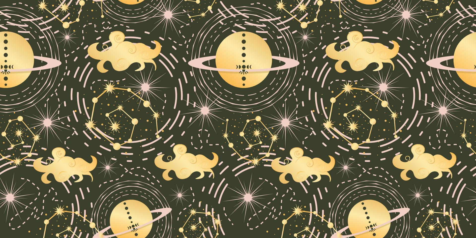 Celestial seamless pattern with cloud and planett. Magic astrology in boho vintage style. Mystical pagan golden sun with planets and constellation. Vector illustration