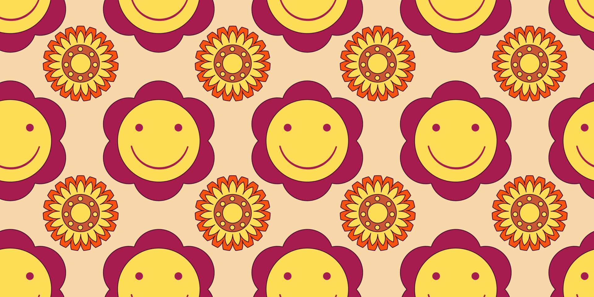 Groovy y2k retro seamless pattern with flower and smile . Retro vector illustration. Groovy flower background. Colorful hippie seamless pattern illustration.