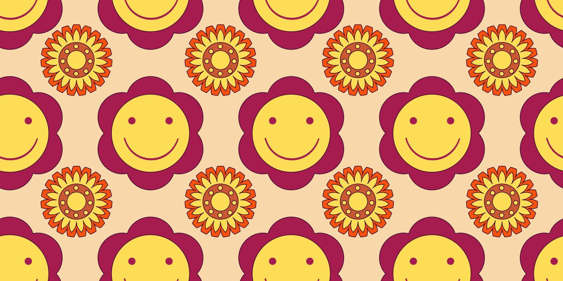 Groovy y2k retro seamless pattern with flower and smile . Retro vector illustration. Groovy flower background. Colorful hippie seamless pattern illustration.